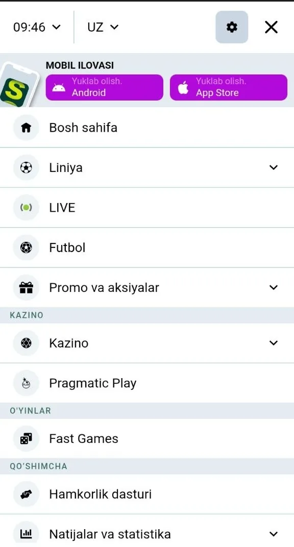 SpinBetter apk — Android uchun mobil ilova ekrani