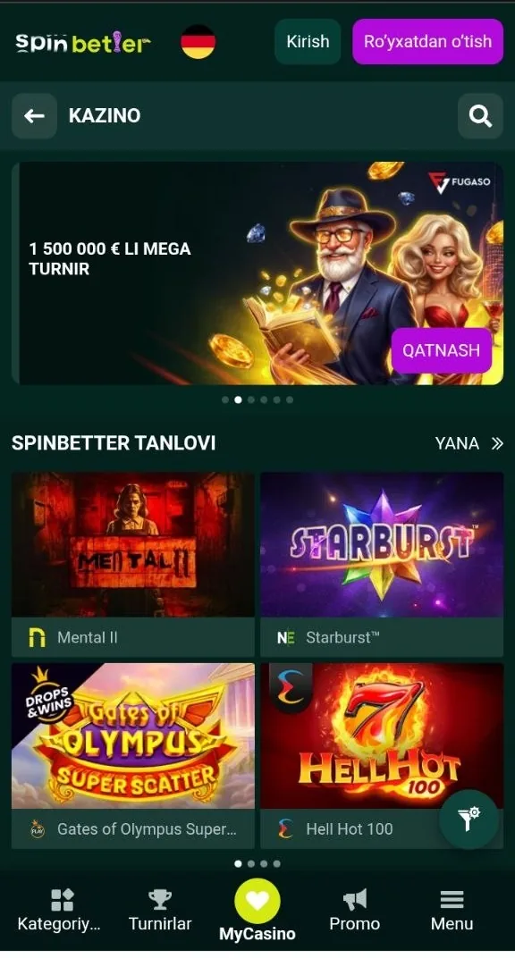 SpinBetter kazino bosh sahifasi — oʻyin katalogi va aksiyalar