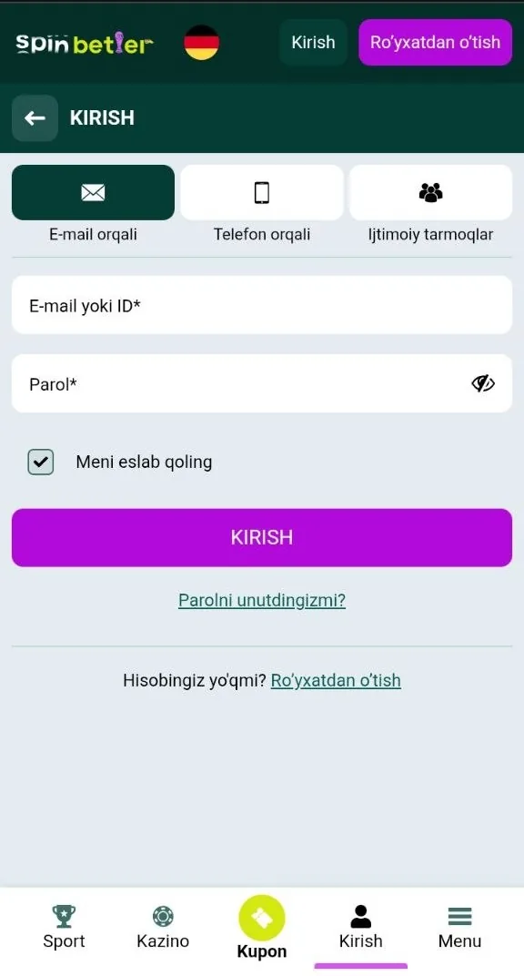SpinBetter login — hisobga kirish oynasi