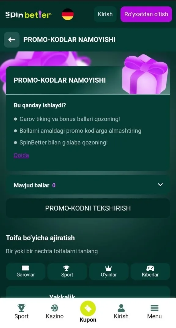 SpinBetter promokodi — anketadagi kod maydoni